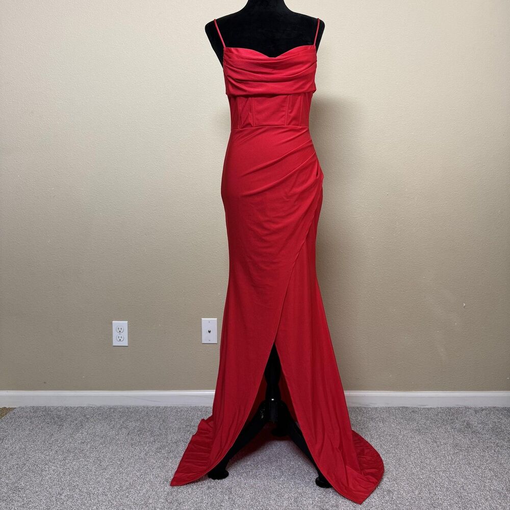Cefian Dress Womens Medium Red Cowl Neck Mermaid Maxi Formal Evening Gown Ruched